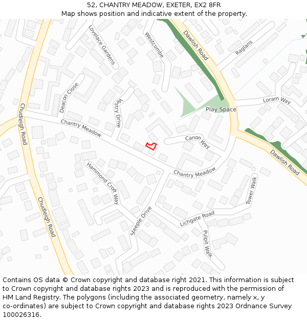 52, CHANTRY MEADOW, EXETER, EX2 8FR: Location map and indicative extent of plot