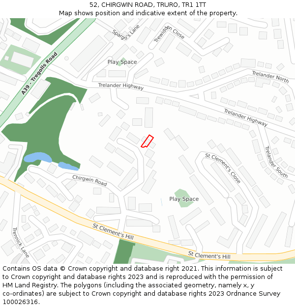 52, CHIRGWIN ROAD, TRURO, TR1 1TT: Location map and indicative extent of plot