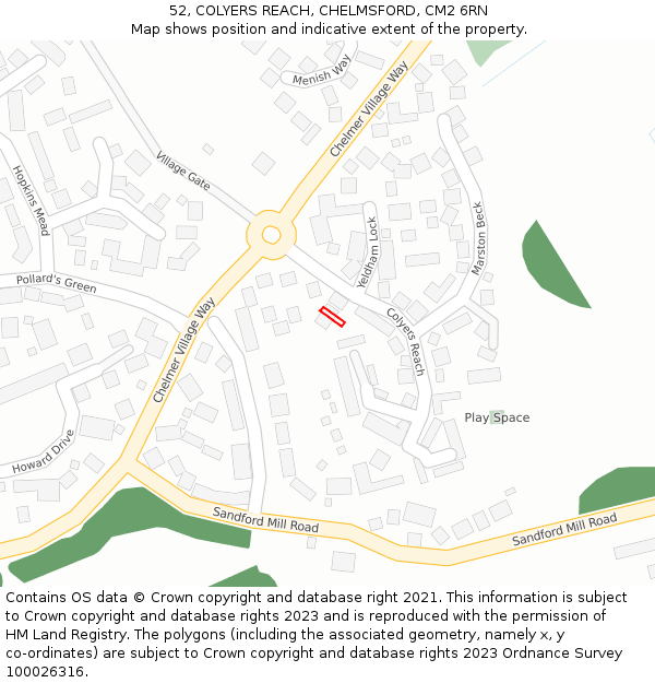 52, COLYERS REACH, CHELMSFORD, CM2 6RN: Location map and indicative extent of plot