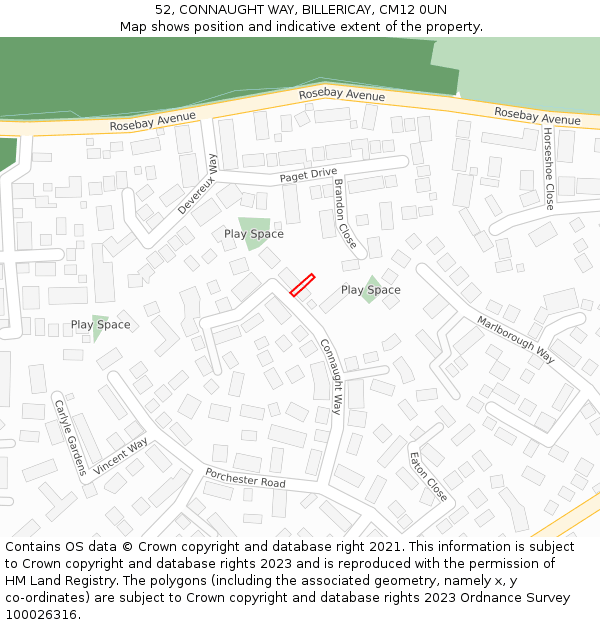52, CONNAUGHT WAY, BILLERICAY, CM12 0UN: Location map and indicative extent of plot