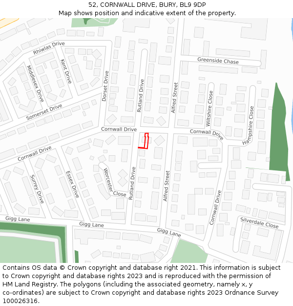52, CORNWALL DRIVE, BURY, BL9 9DP: Location map and indicative extent of plot