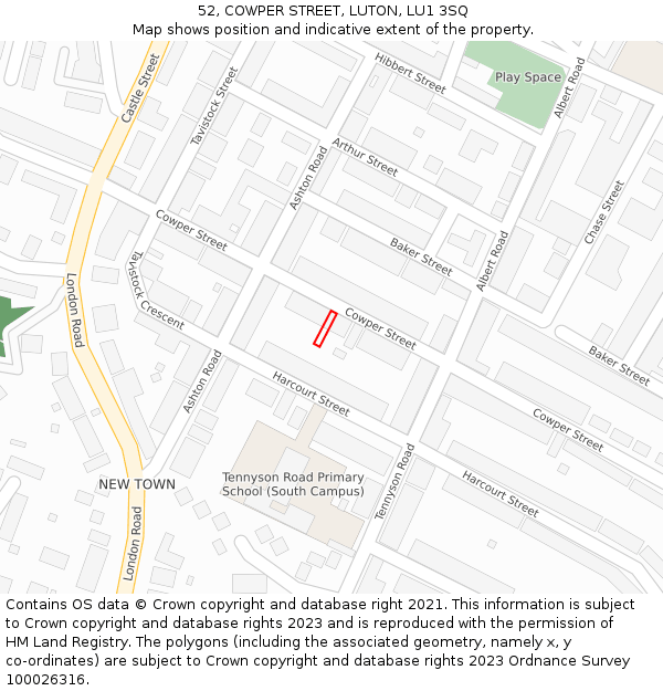 52, COWPER STREET, LUTON, LU1 3SQ: Location map and indicative extent of plot