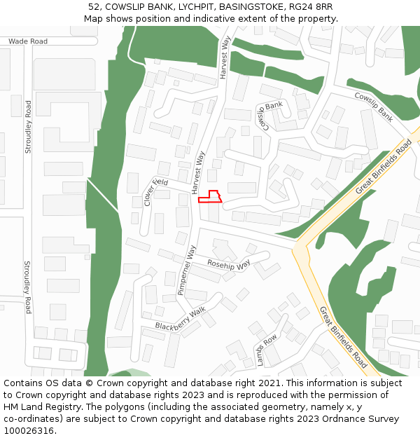 52, COWSLIP BANK, LYCHPIT, BASINGSTOKE, RG24 8RR: Location map and indicative extent of plot