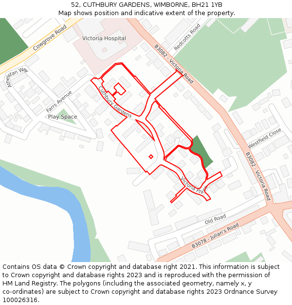 52, CUTHBURY GARDENS, WIMBORNE, BH21 1YB: Location map and indicative extent of plot