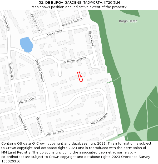 52, DE BURGH GARDENS, TADWORTH, KT20 5LH: Location map and indicative extent of plot