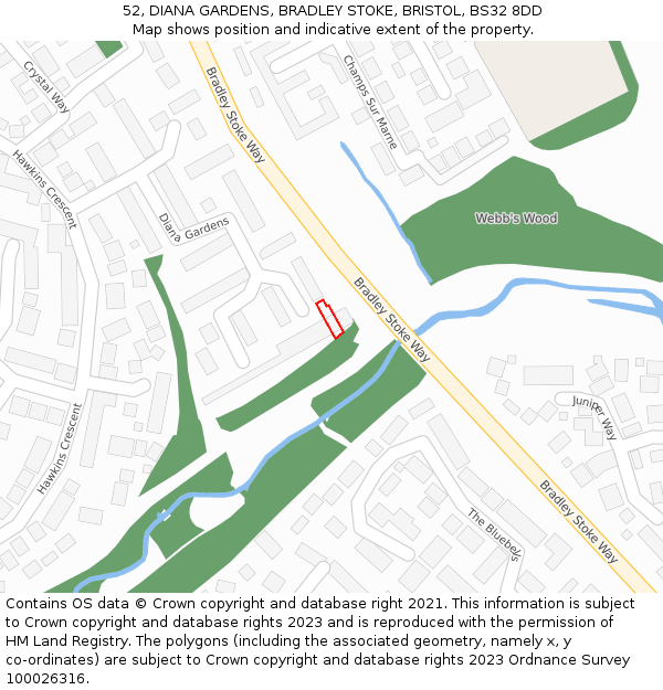 52, DIANA GARDENS, BRADLEY STOKE, BRISTOL, BS32 8DD: Location map and indicative extent of plot