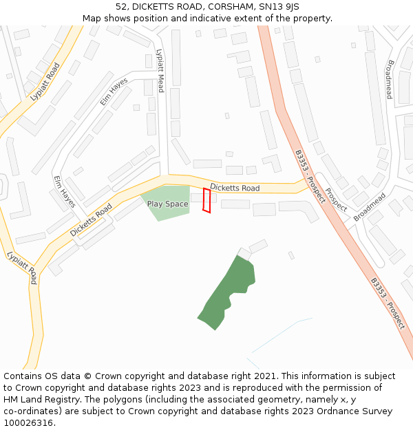 52, DICKETTS ROAD, CORSHAM, SN13 9JS: Location map and indicative extent of plot