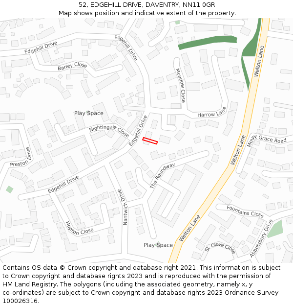52, EDGEHILL DRIVE, DAVENTRY, NN11 0GR: Location map and indicative extent of plot