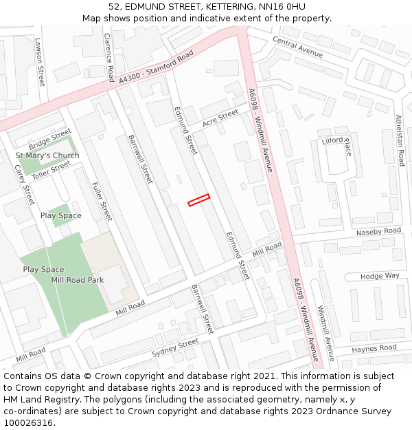 52, EDMUND STREET, KETTERING, NN16 0HU: Location map and indicative extent of plot
