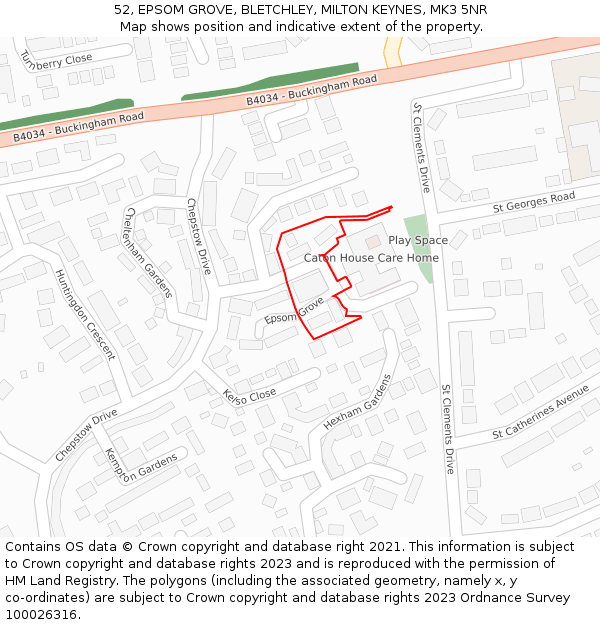 52, EPSOM GROVE, BLETCHLEY, MILTON KEYNES, MK3 5NR: Location map and indicative extent of plot