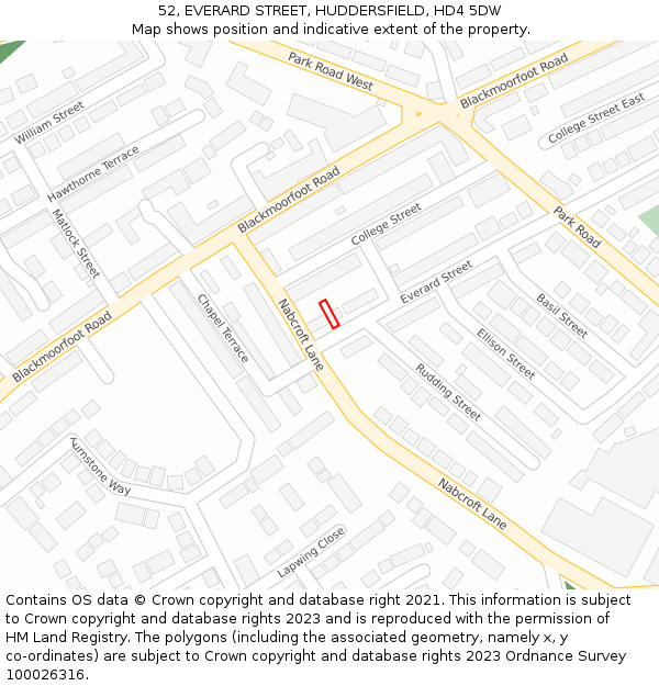 52, EVERARD STREET, HUDDERSFIELD, HD4 5DW: Location map and indicative extent of plot