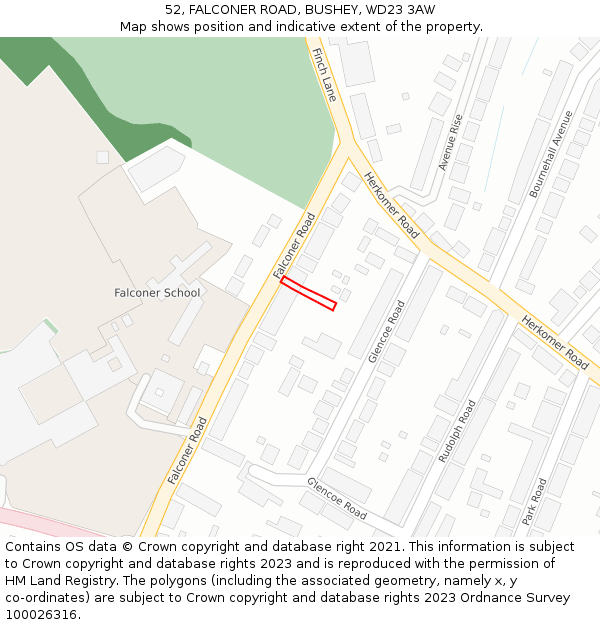 52, FALCONER ROAD, BUSHEY, WD23 3AW: Location map and indicative extent of plot