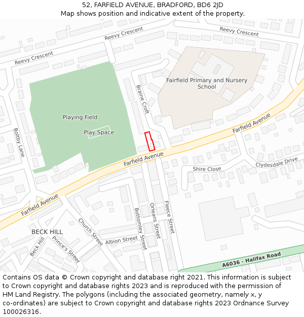 52, FARFIELD AVENUE, BRADFORD, BD6 2JD: Location map and indicative extent of plot