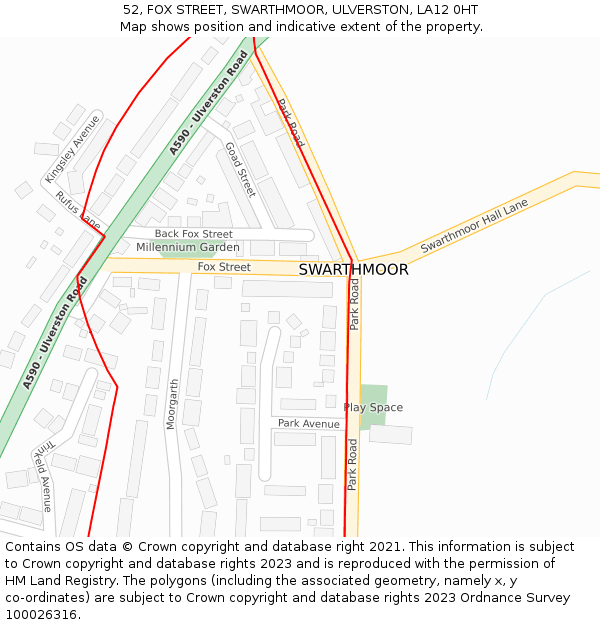 52, FOX STREET, SWARTHMOOR, ULVERSTON, LA12 0HT: Location map and indicative extent of plot