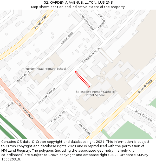 52, GARDENIA AVENUE, LUTON, LU3 2NS: Location map and indicative extent of plot