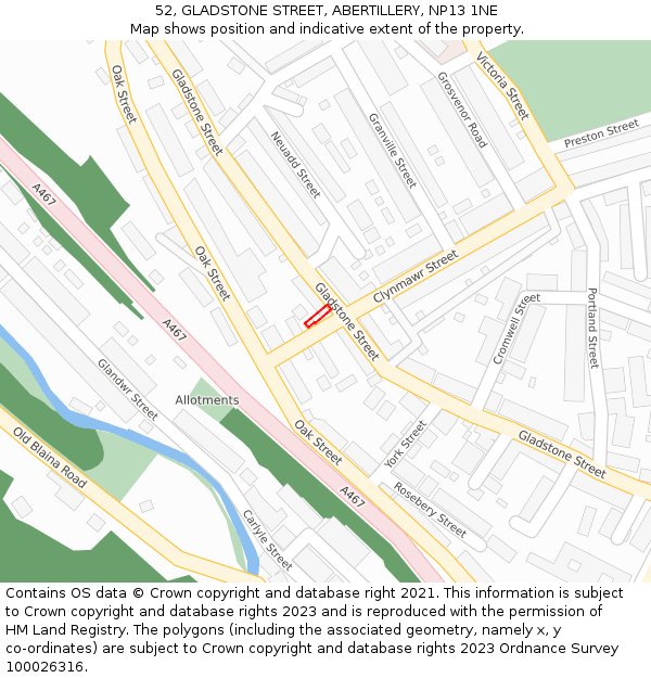 52, GLADSTONE STREET, ABERTILLERY, NP13 1NE: Location map and indicative extent of plot