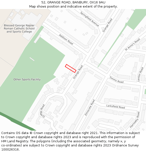 52, GRANGE ROAD, BANBURY, OX16 9AU: Location map and indicative extent of plot