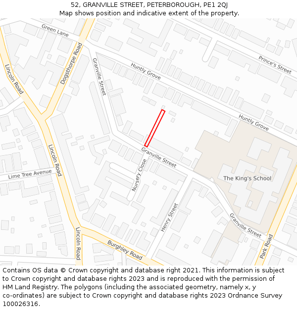52, GRANVILLE STREET, PETERBOROUGH, PE1 2QJ: Location map and indicative extent of plot