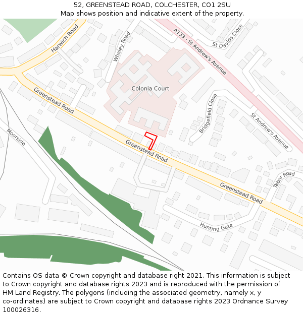 52, GREENSTEAD ROAD, COLCHESTER, CO1 2SU: Location map and indicative extent of plot