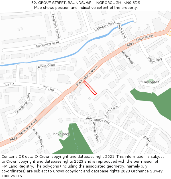 52, GROVE STREET, RAUNDS, WELLINGBOROUGH, NN9 6DS: Location map and indicative extent of plot