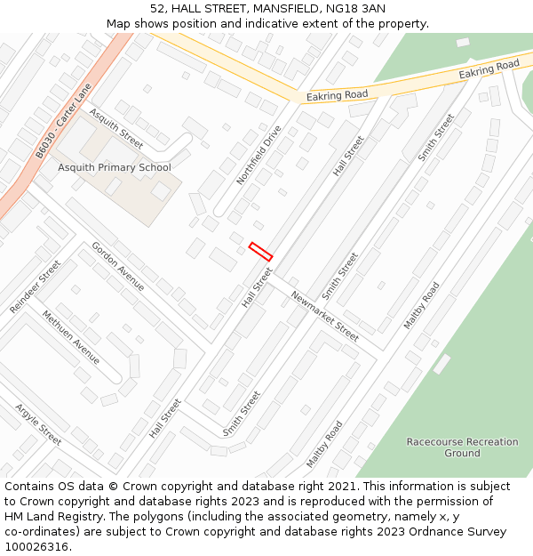 52, HALL STREET, MANSFIELD, NG18 3AN: Location map and indicative extent of plot