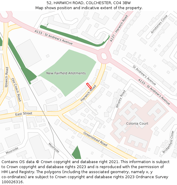 52, HARWICH ROAD, COLCHESTER, CO4 3BW: Location map and indicative extent of plot