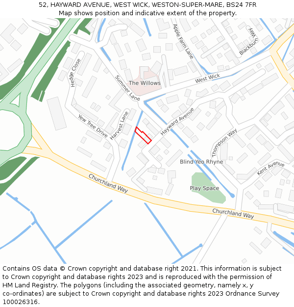 52, HAYWARD AVENUE, WEST WICK, WESTON-SUPER-MARE, BS24 7FR: Location map and indicative extent of plot