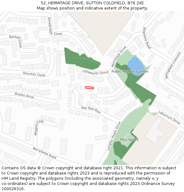 52, HERMITAGE DRIVE, SUTTON COLDFIELD, B76 2XE: Location map and indicative extent of plot