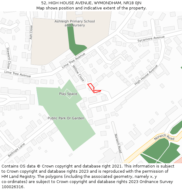 52, HIGH HOUSE AVENUE, WYMONDHAM, NR18 0JN: Location map and indicative extent of plot