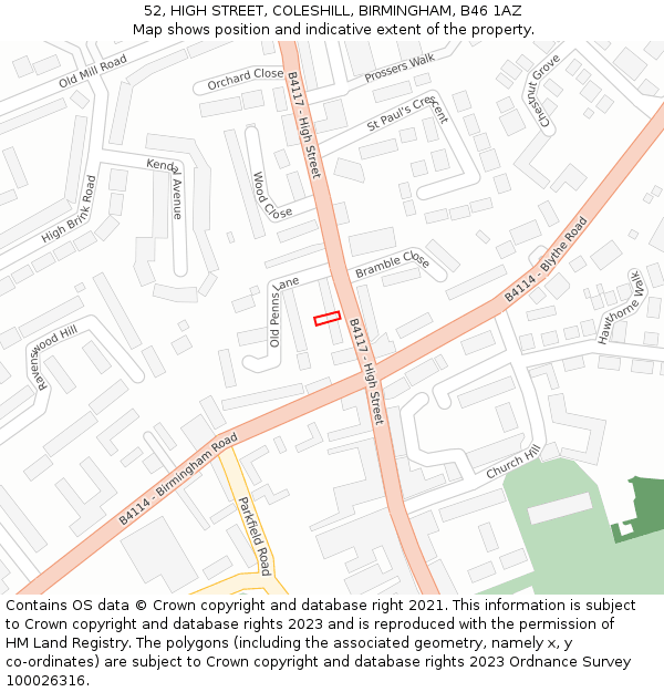 52, HIGH STREET, COLESHILL, BIRMINGHAM, B46 1AZ: Location map and indicative extent of plot