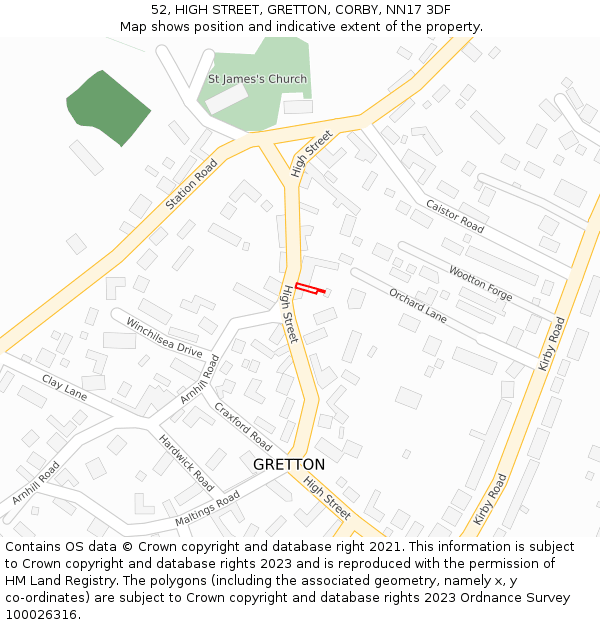 52, HIGH STREET, GRETTON, CORBY, NN17 3DF: Location map and indicative extent of plot
