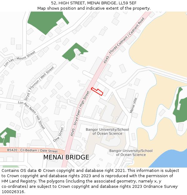 52, HIGH STREET, MENAI BRIDGE, LL59 5EF: Location map and indicative extent of plot