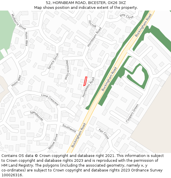 52, HORNBEAM ROAD, BICESTER, OX26 3XZ: Location map and indicative extent of plot