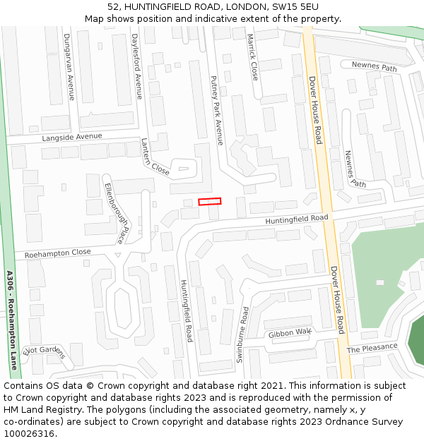 52, HUNTINGFIELD ROAD, LONDON, SW15 5EU: Location map and indicative extent of plot