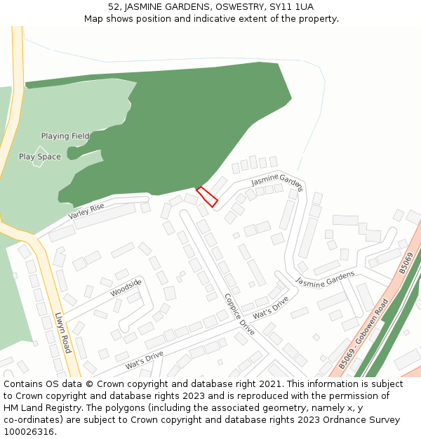 52, JASMINE GARDENS, OSWESTRY, SY11 1UA: Location map and indicative extent of plot