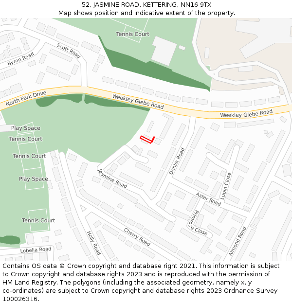 52, JASMINE ROAD, KETTERING, NN16 9TX: Location map and indicative extent of plot