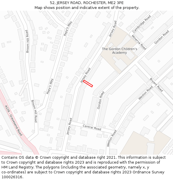 52, JERSEY ROAD, ROCHESTER, ME2 3PE: Location map and indicative extent of plot