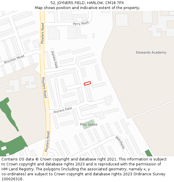 52, JOYNERS FIELD, HARLOW, CM18 7PX: Location map and indicative extent of plot