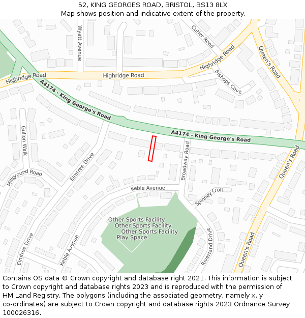 52, KING GEORGES ROAD, BRISTOL, BS13 8LX: Location map and indicative extent of plot