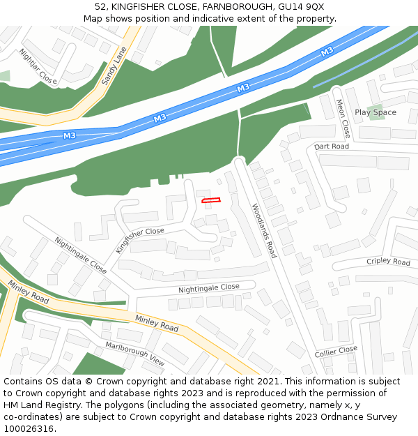 52, KINGFISHER CLOSE, FARNBOROUGH, GU14 9QX: Location map and indicative extent of plot