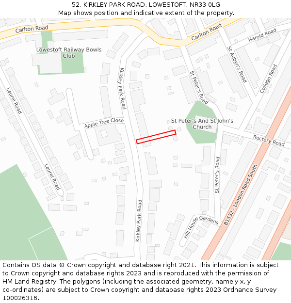 52, KIRKLEY PARK ROAD, LOWESTOFT, NR33 0LG: Location map and indicative extent of plot