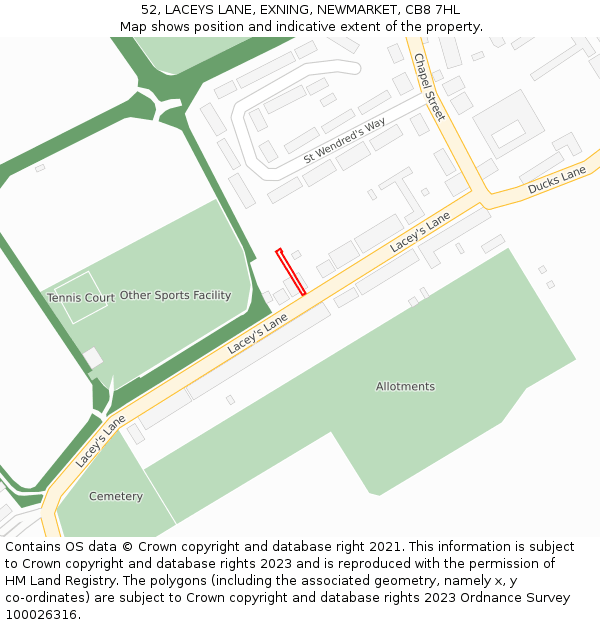 52, LACEYS LANE, EXNING, NEWMARKET, CB8 7HL: Location map and indicative extent of plot