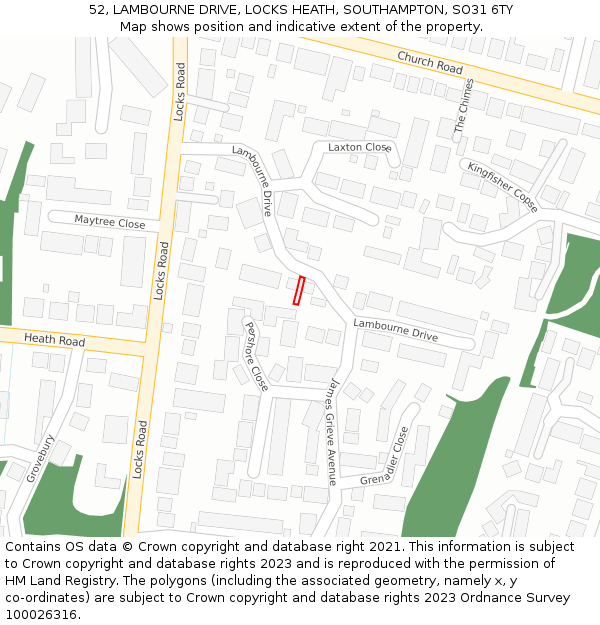 52, LAMBOURNE DRIVE, LOCKS HEATH, SOUTHAMPTON, SO31 6TY: Location map and indicative extent of plot