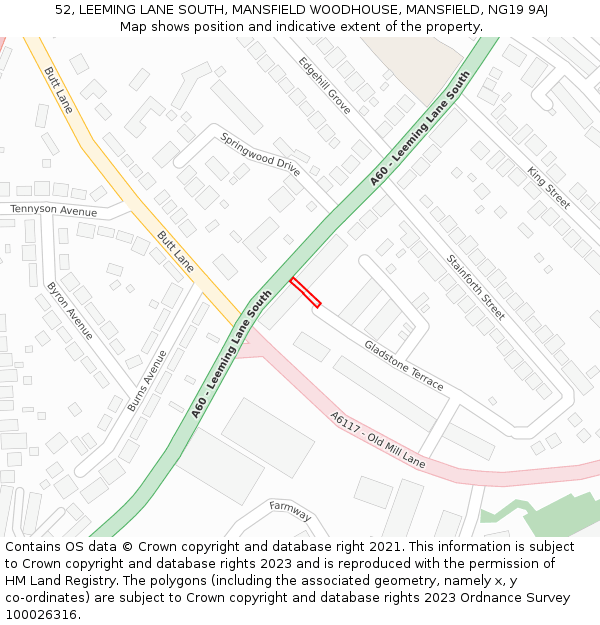 52, LEEMING LANE SOUTH, MANSFIELD WOODHOUSE, MANSFIELD, NG19 9AJ: Location map and indicative extent of plot