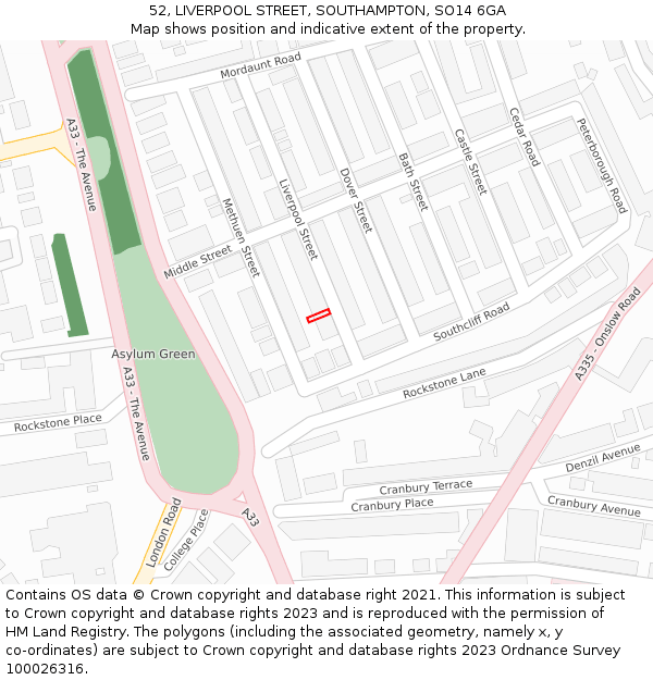 52, LIVERPOOL STREET, SOUTHAMPTON, SO14 6GA: Location map and indicative extent of plot