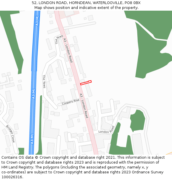 52, LONDON ROAD, HORNDEAN, WATERLOOVILLE, PO8 0BX: Location map and indicative extent of plot
