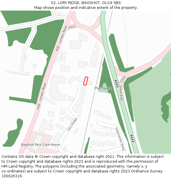 52, LORY RIDGE, BAGSHOT, GU19 5BS: Location map and indicative extent of plot