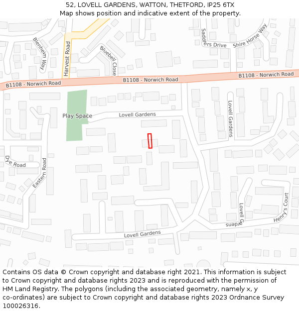 52, LOVELL GARDENS, WATTON, THETFORD, IP25 6TX: Location map and indicative extent of plot