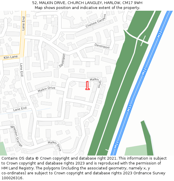 52, MALKIN DRIVE, CHURCH LANGLEY, HARLOW, CM17 9WH: Location map and indicative extent of plot