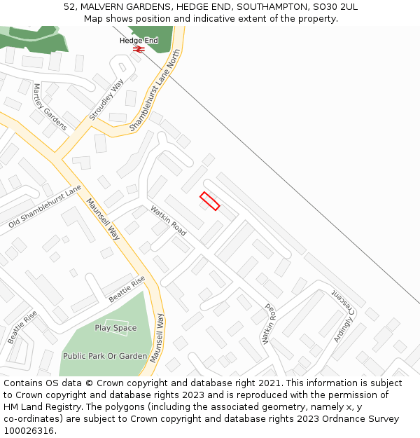 52, MALVERN GARDENS, HEDGE END, SOUTHAMPTON, SO30 2UL: Location map and indicative extent of plot
